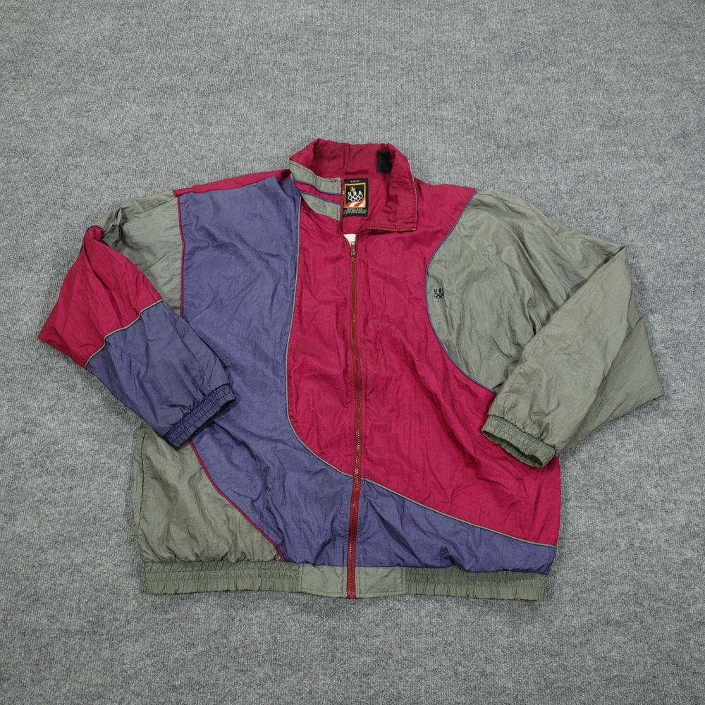 Vintage USA Olympic Jacket Mens 2XL Burgundy Grey Colorblock Windbreaker 90s